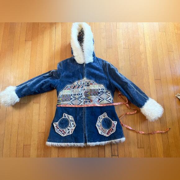 70s Vintage Blue Crush Velvet Penny Lane Style Coat w Faux Fur Trim and Hood - Picture 10 of 10